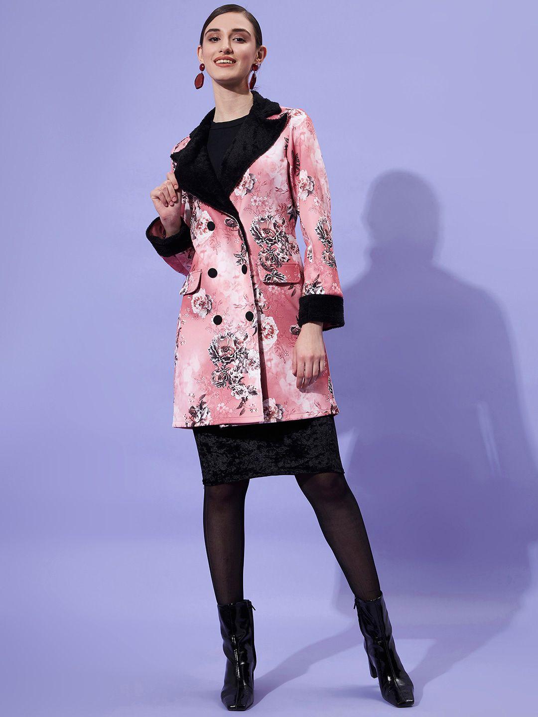 athena women pink floral printed fur notch collar overcoat