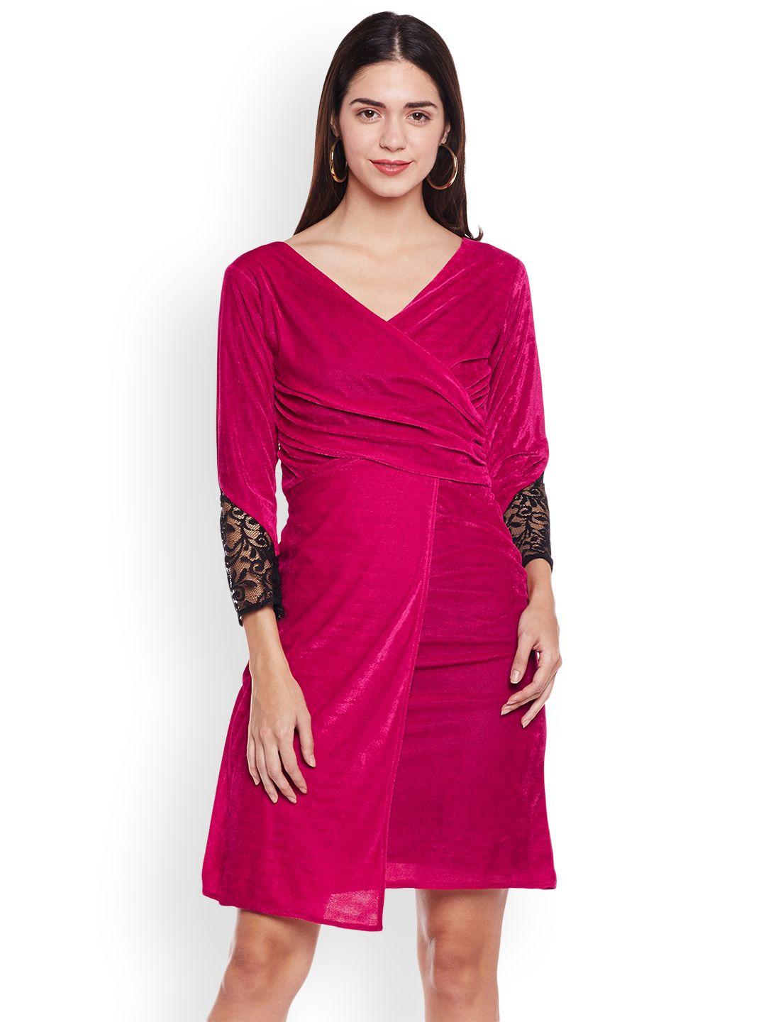 athena women pink solid velvet finish wrap dress