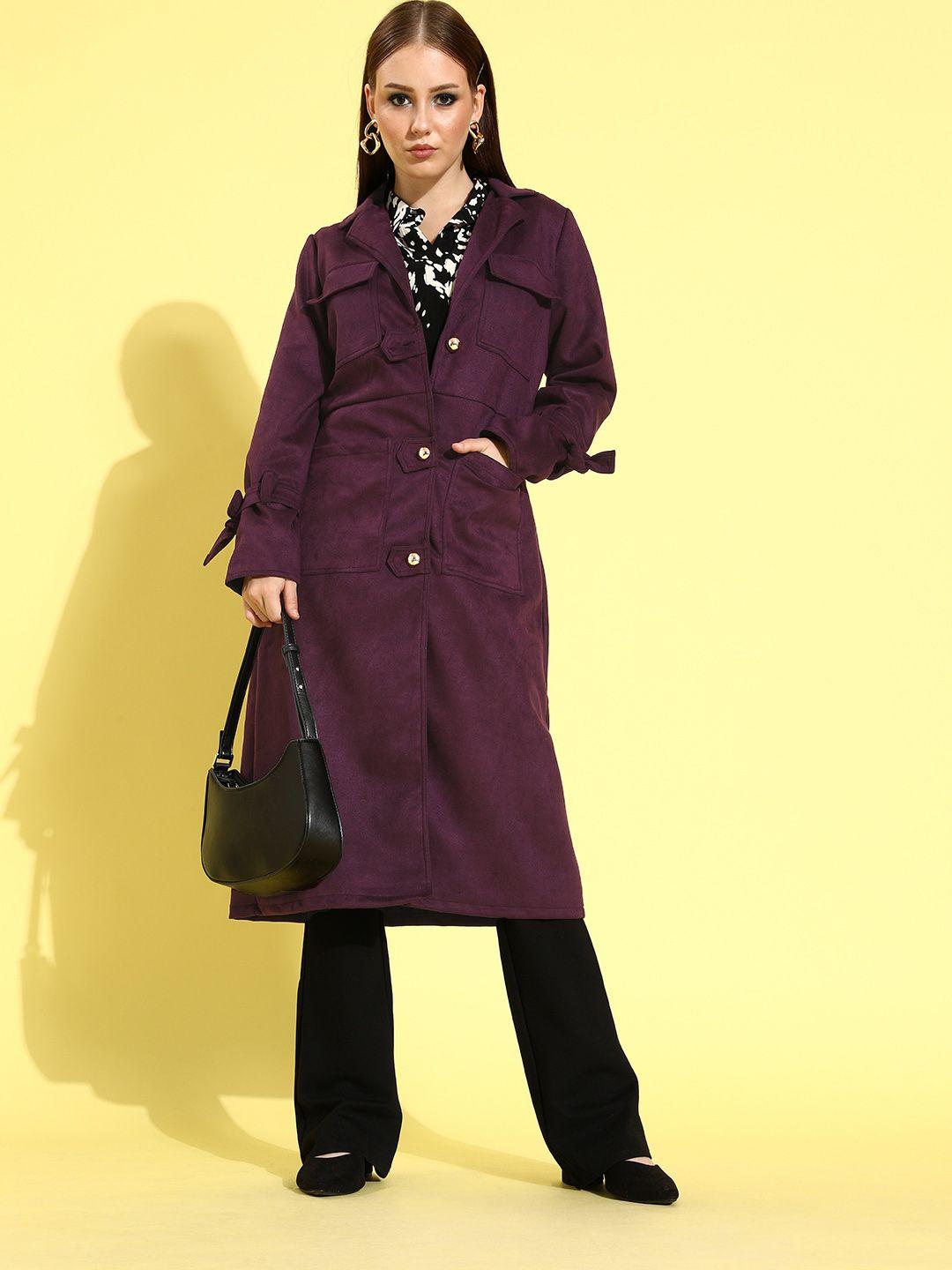 athena women purple solid suede trench coat