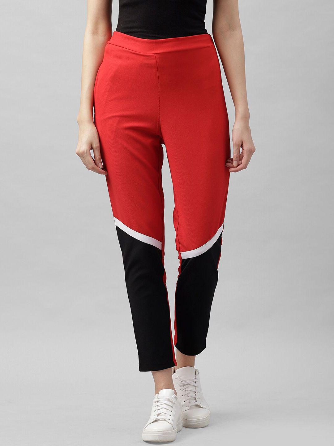 athena women red & black skinny fit printed regular trousers