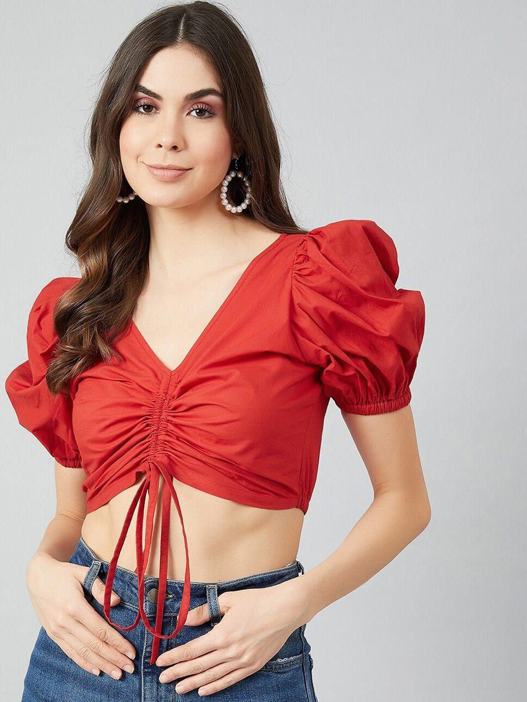 athena women red solid fitted crop top