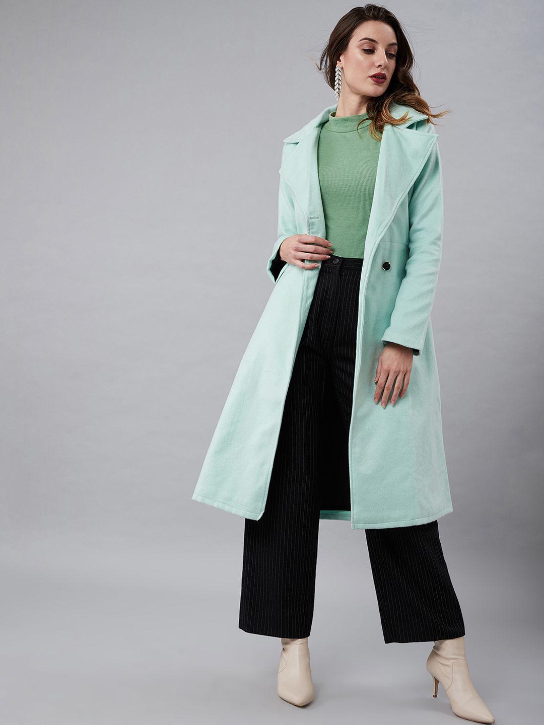 athena women sea green solid longline wool trench coat with fabric belt