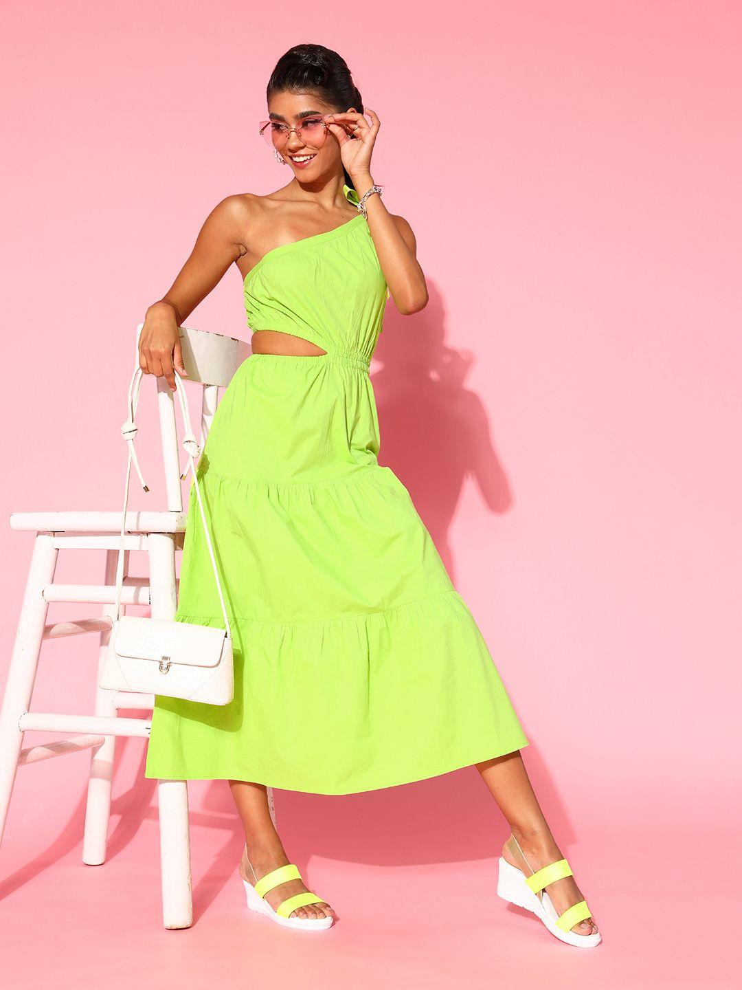 athena women stunning fluorescent green solid cut-out dress