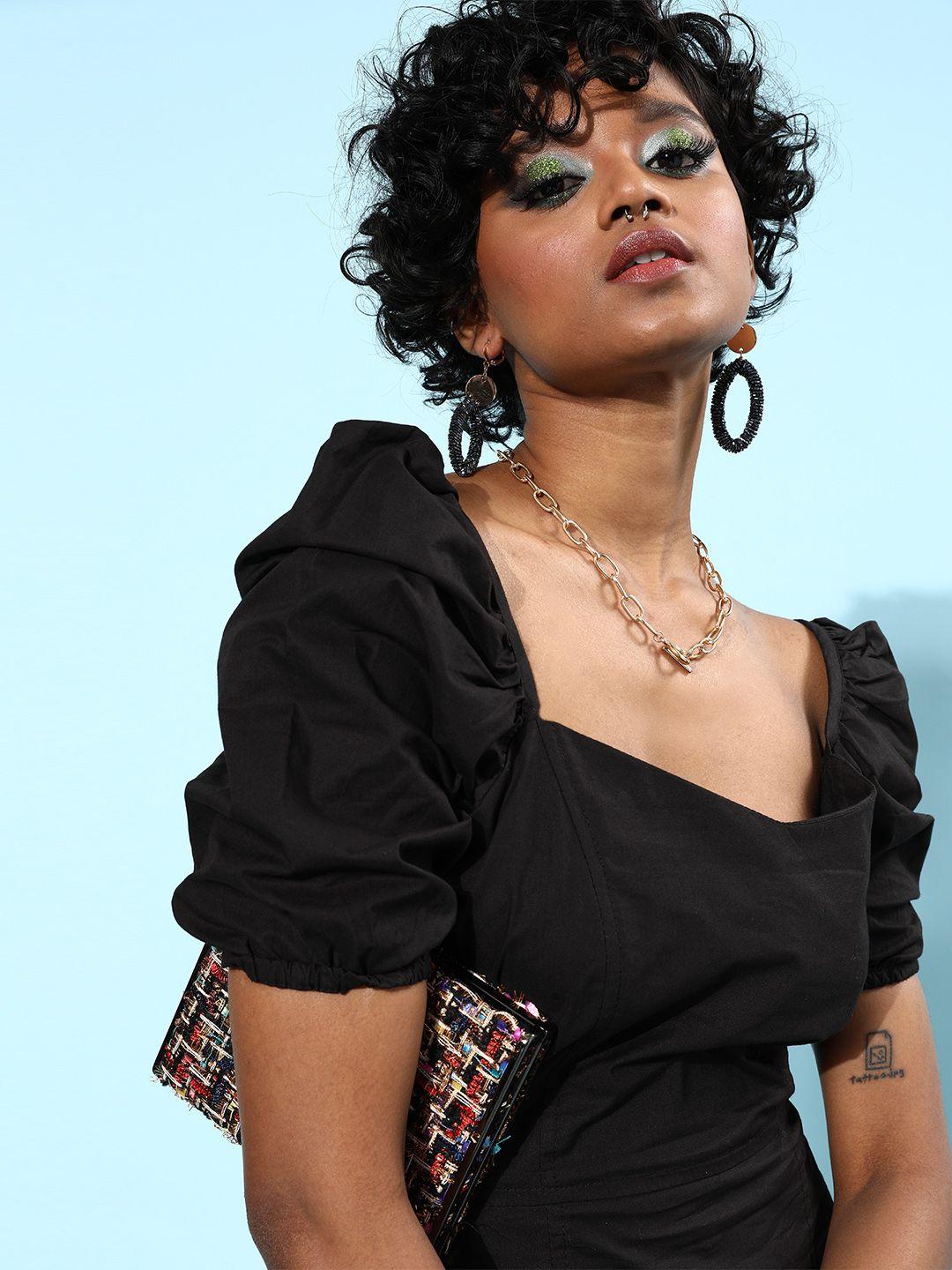 athena women stylish black solid sweetheart neck dress