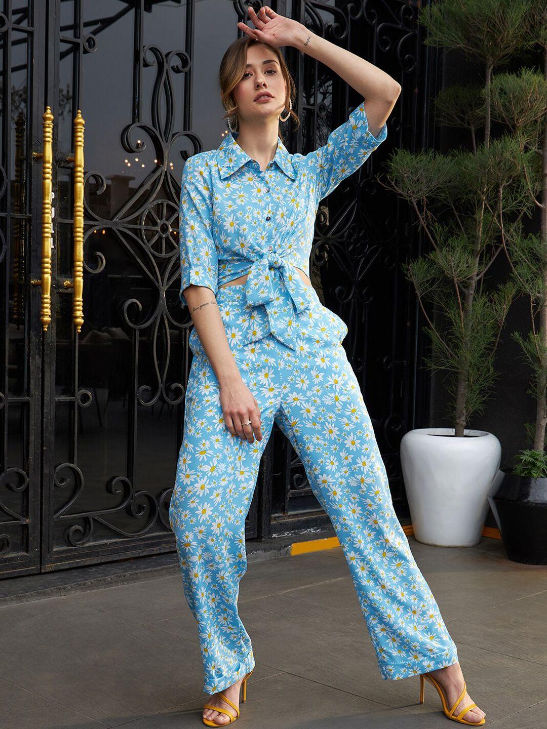 athena women sunflower printed front knotting top & trousers co-ord set