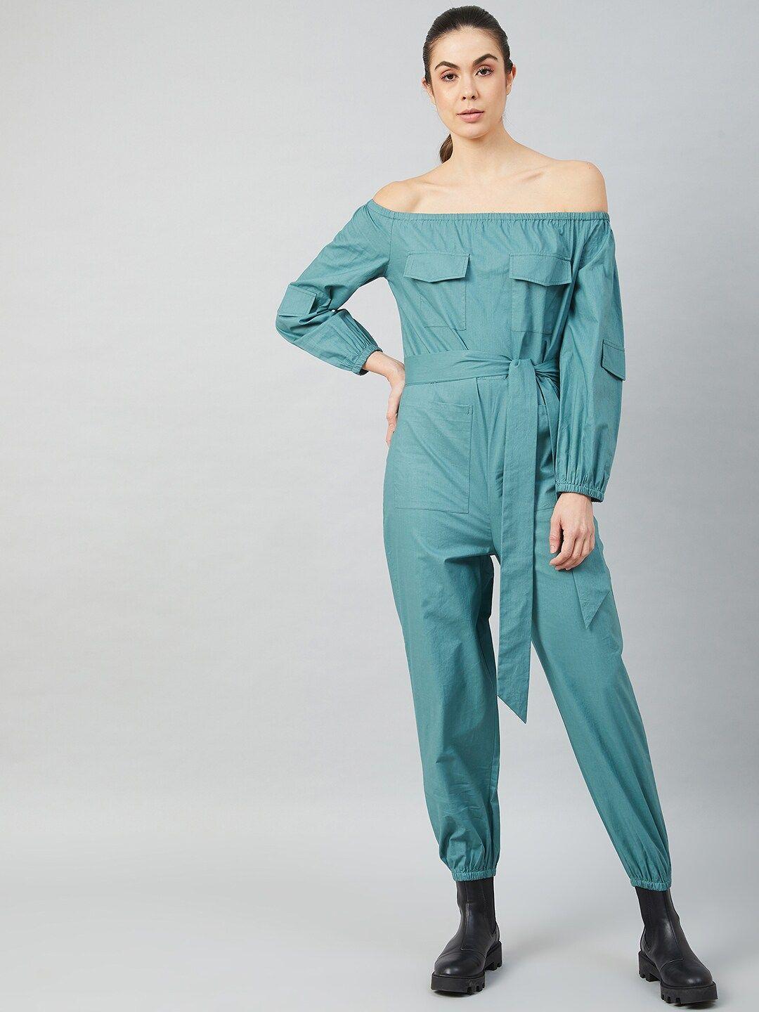 athena women teal blue solid cotton jumpsuit