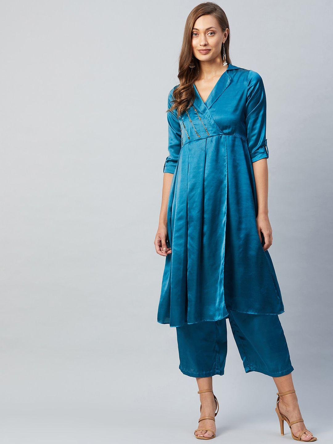 athena women teal pleated beads and stones kurta with palazzos