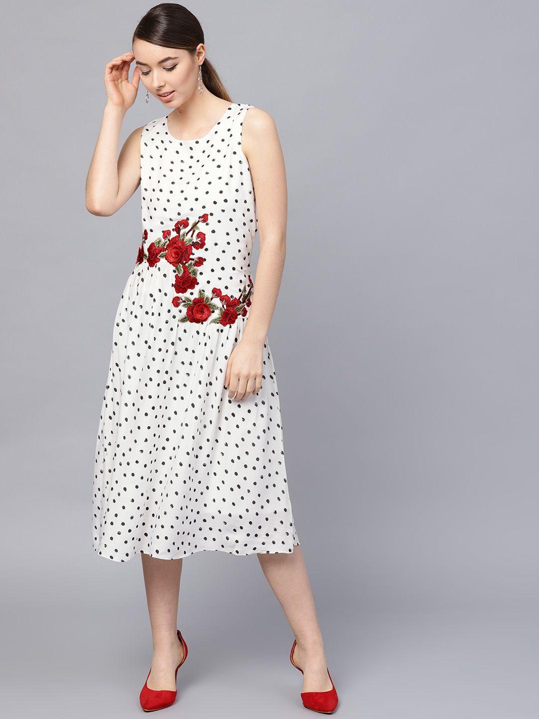 athena women white & black polka dot fit and flare dress