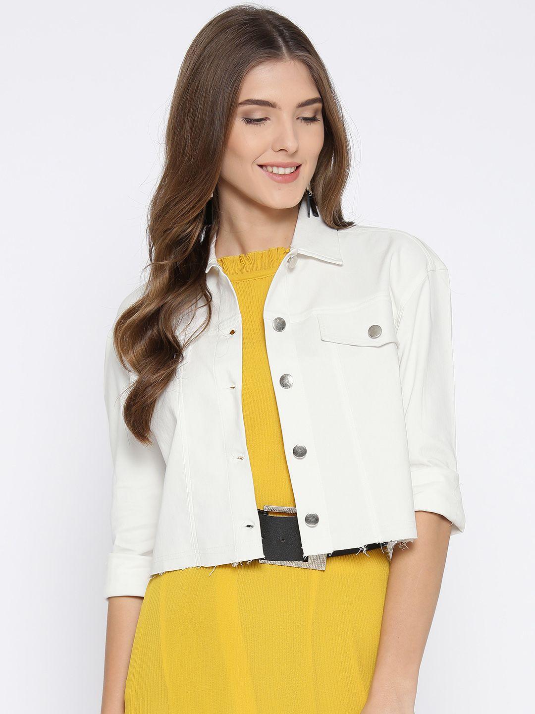 athena women white solid cropped denim jacket