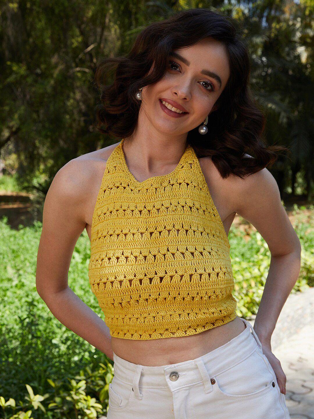 athena yellow self design halter neck cotton crochet bralette crop top