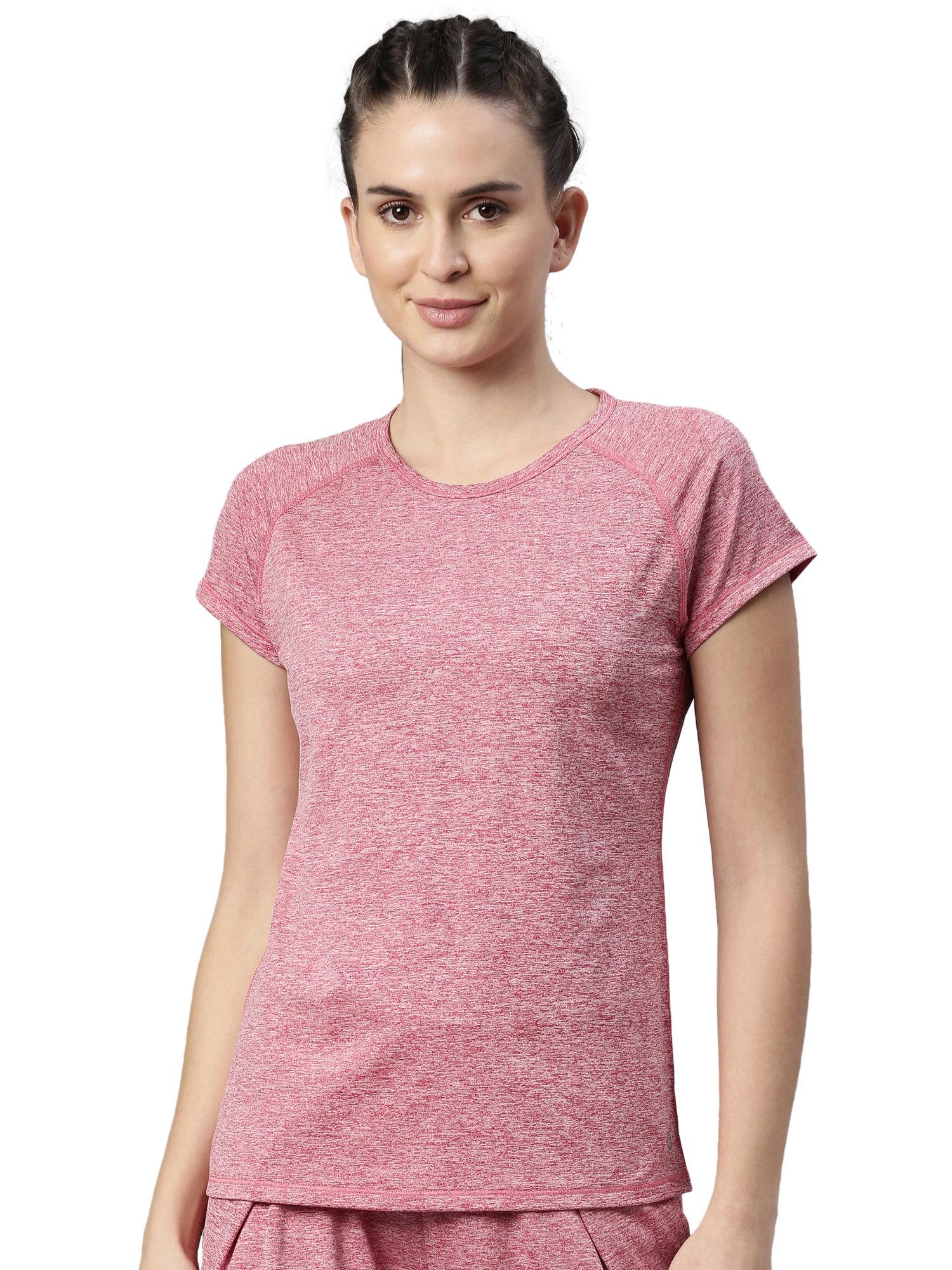 athleisure womens e089-short sleeve scoop neck slim active graphic tee-strawberry - pink