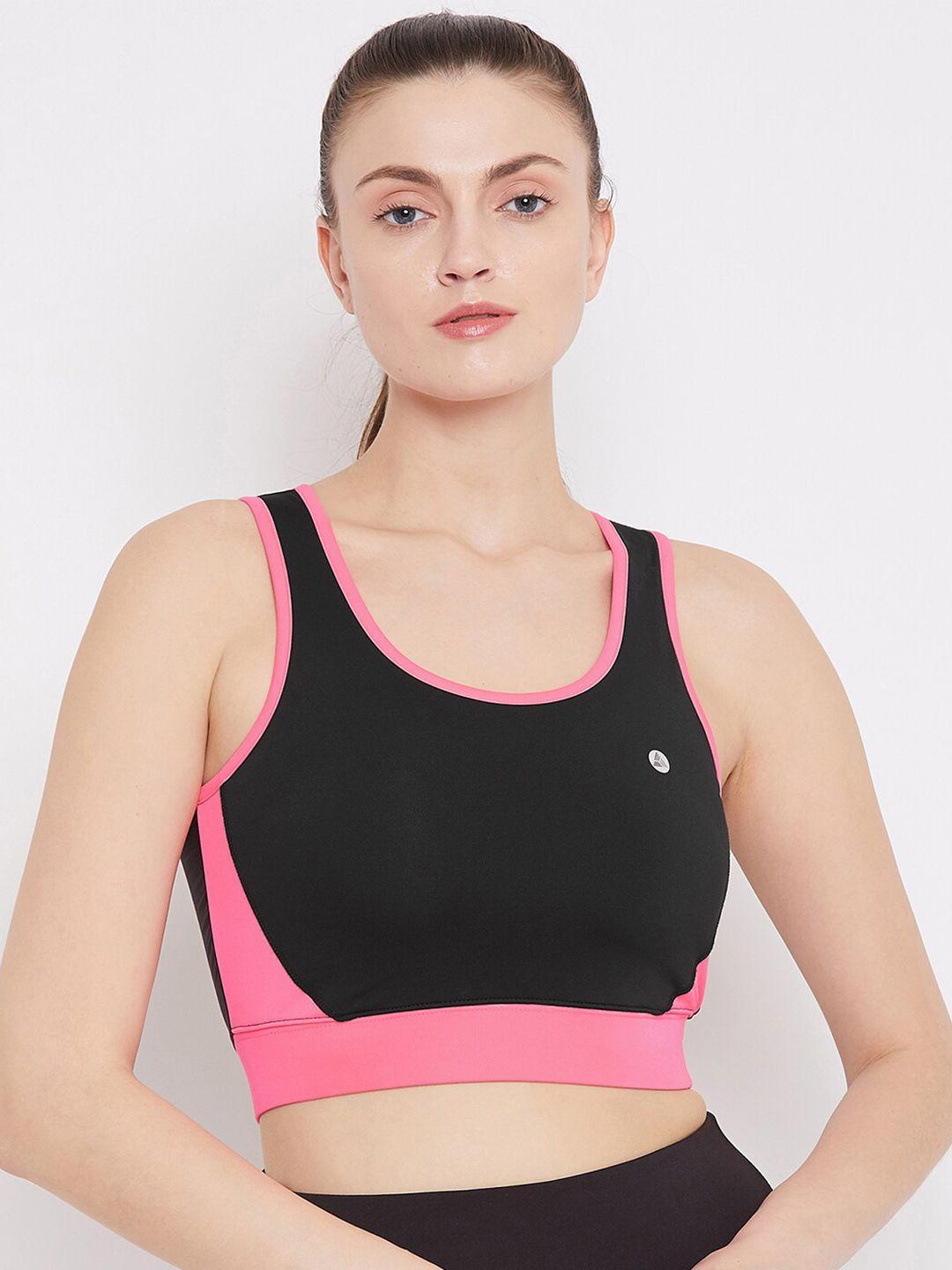 athlisis black & pink colourblocked non-wired removable padding workout bra