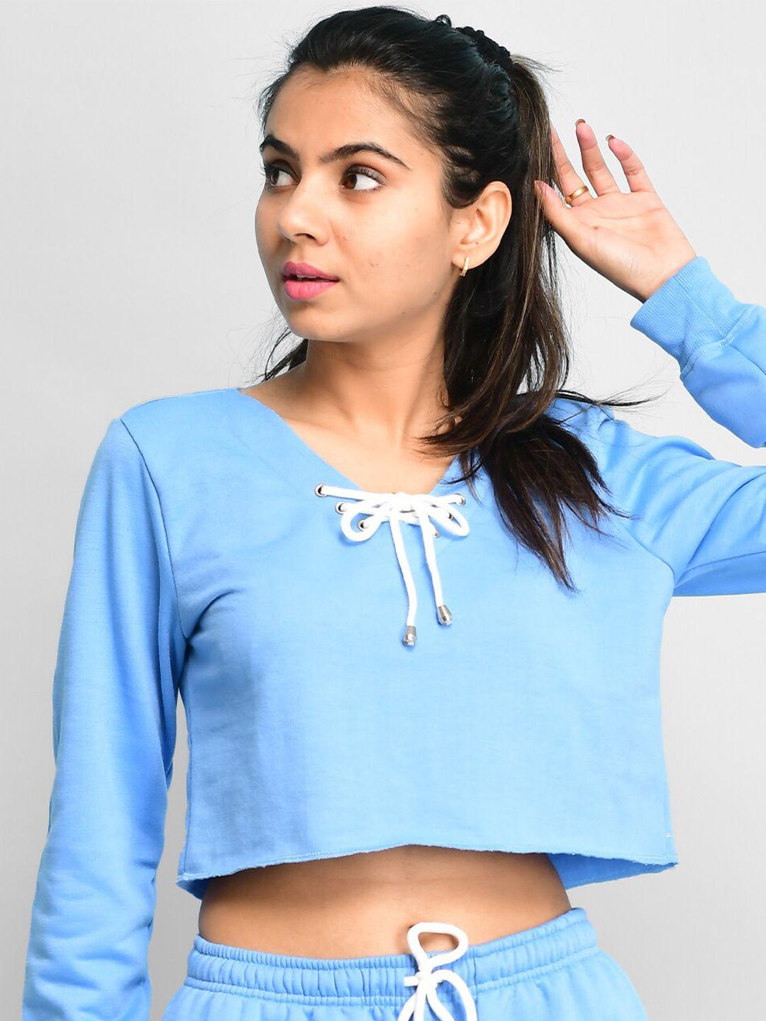 athlizur women blue fleece crop sweatshirt