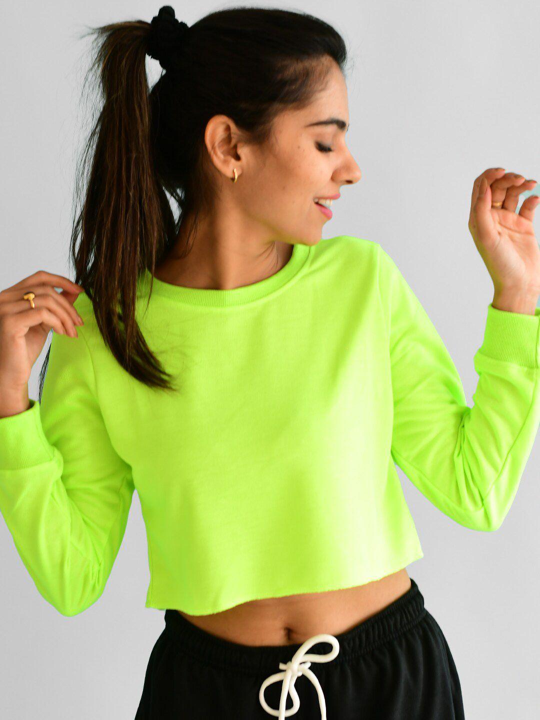 athlizur women fluorescent green cotton crop sweatshirt
