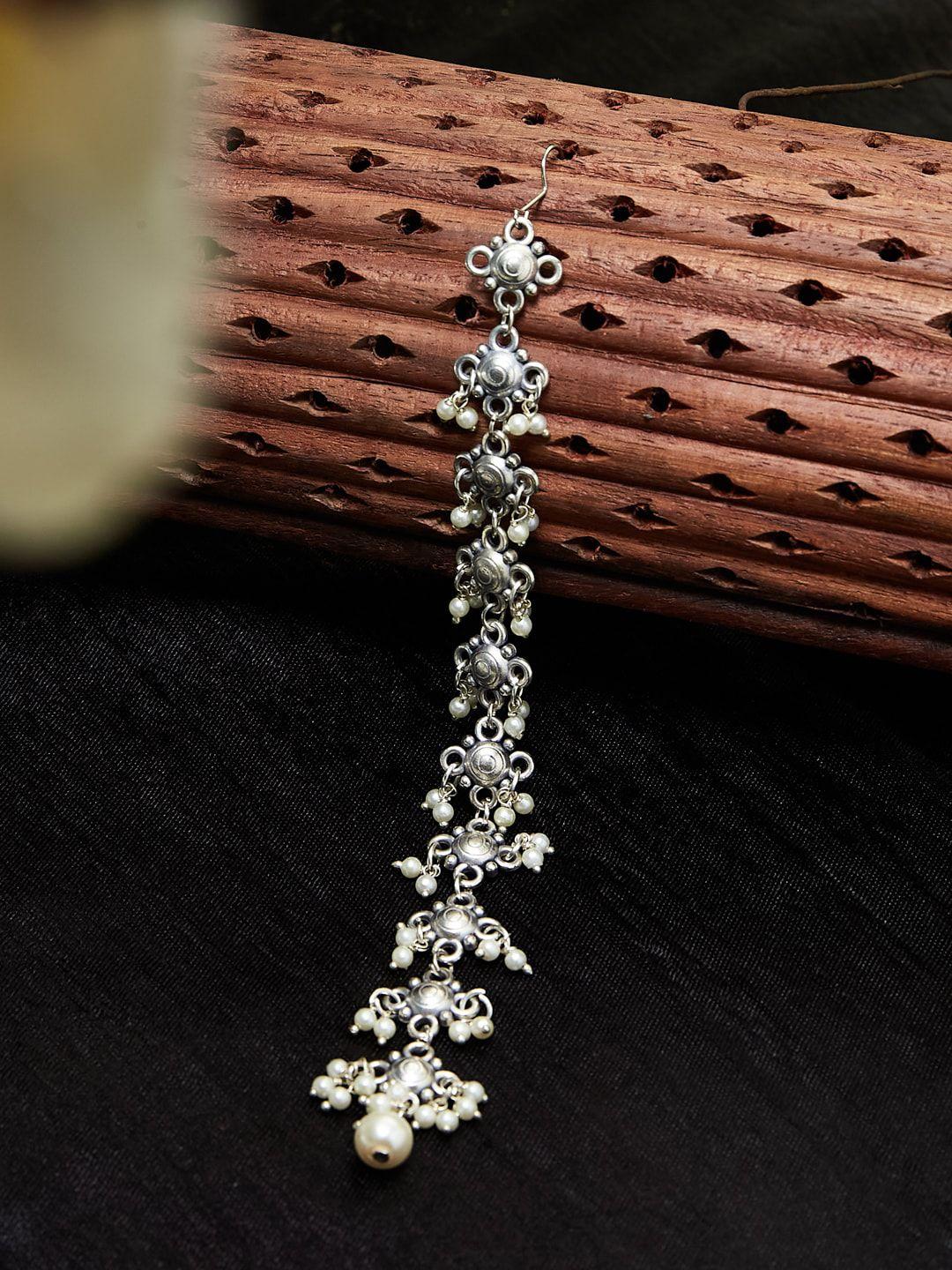atibelle german silver plated & layered floral shaped pearl beaded maangtikka