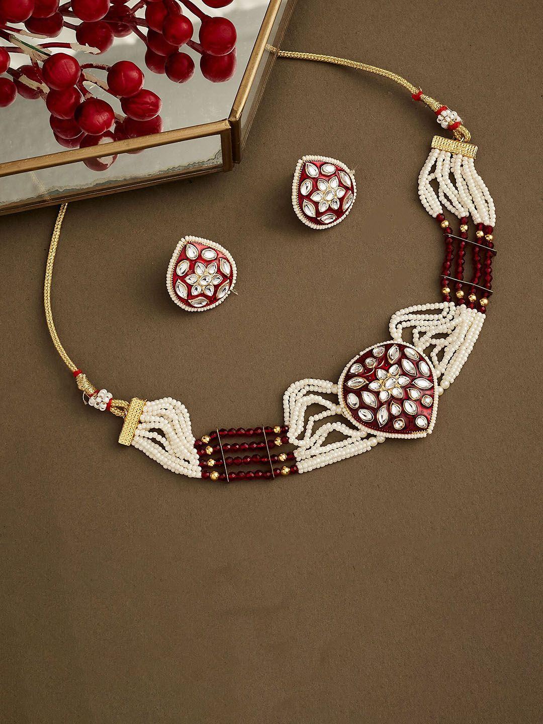 atibelle gold-plated red & white kundan-studded & beaded necklace and earrings
