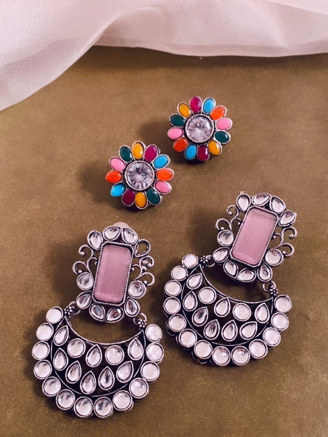 atibelle set of 2 silver plated kundan studded chandbalis contemporary drop earrings