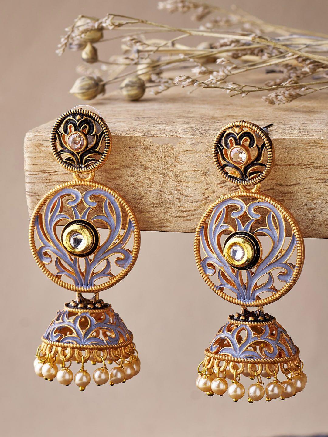 atibelle blue floral gold-plated kundan studded jhumkas earrings