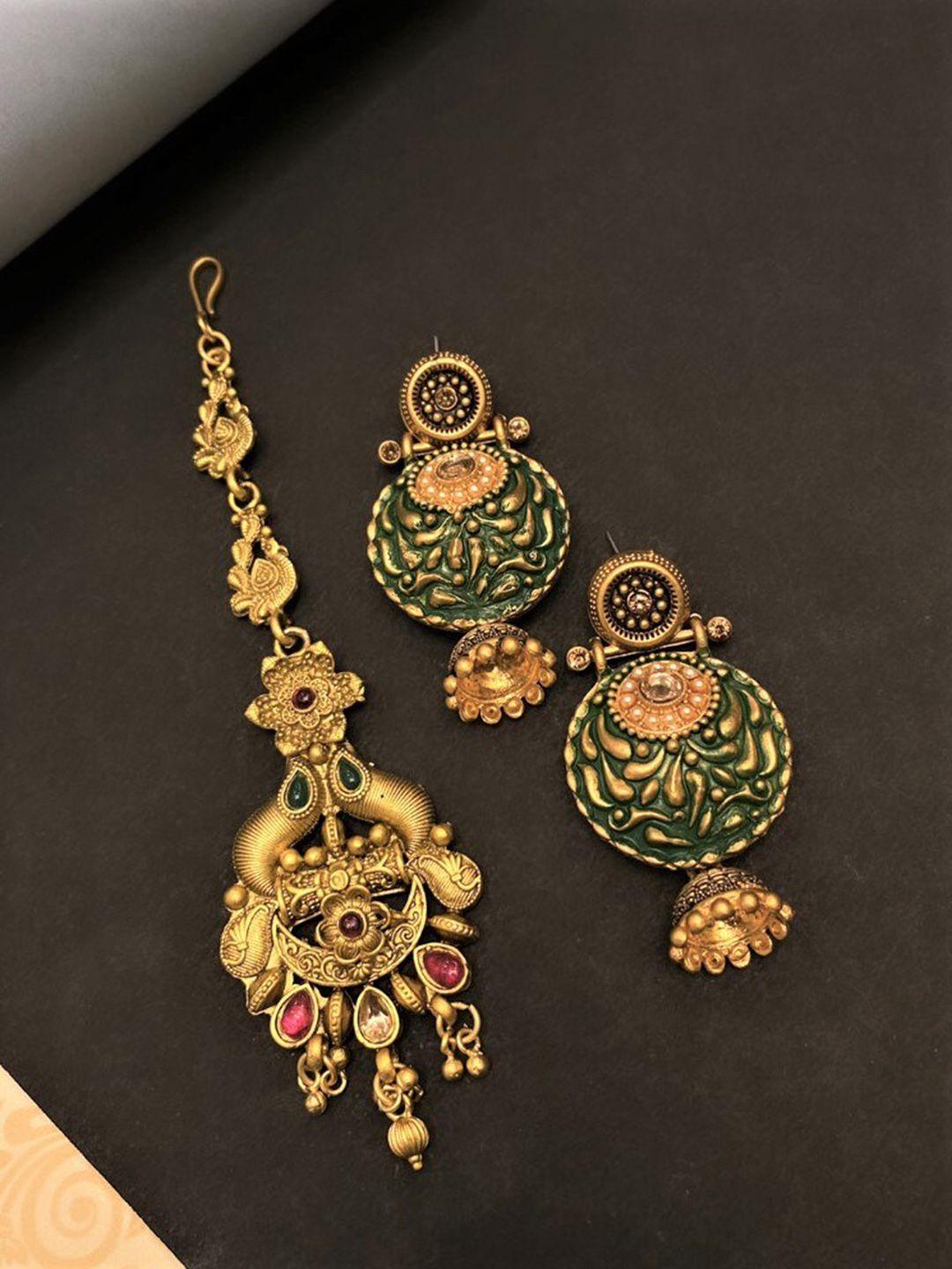 atibelle gold-plated earring & mang tikka jewellery set