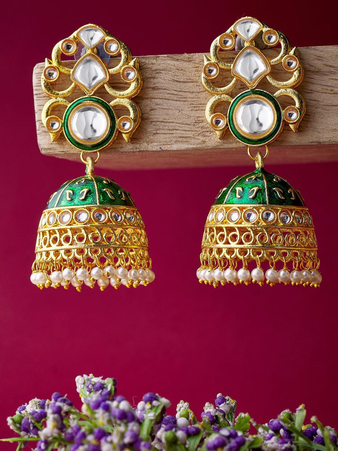 atibelle gold-plated green peacock shaped jhumkas earrings
