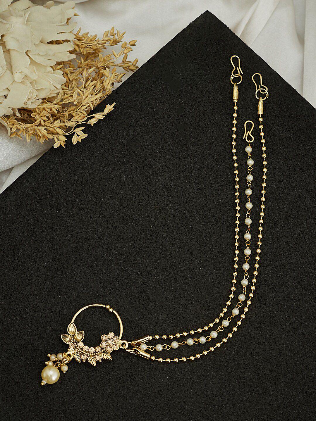 atibelle gold-plated stones studded & pearls beaded nosepin with beaded extension