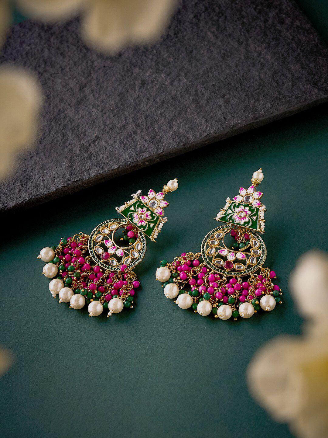 atibelle magenta gold-plated kundan studded meenakari chandbali chandbalis earrings