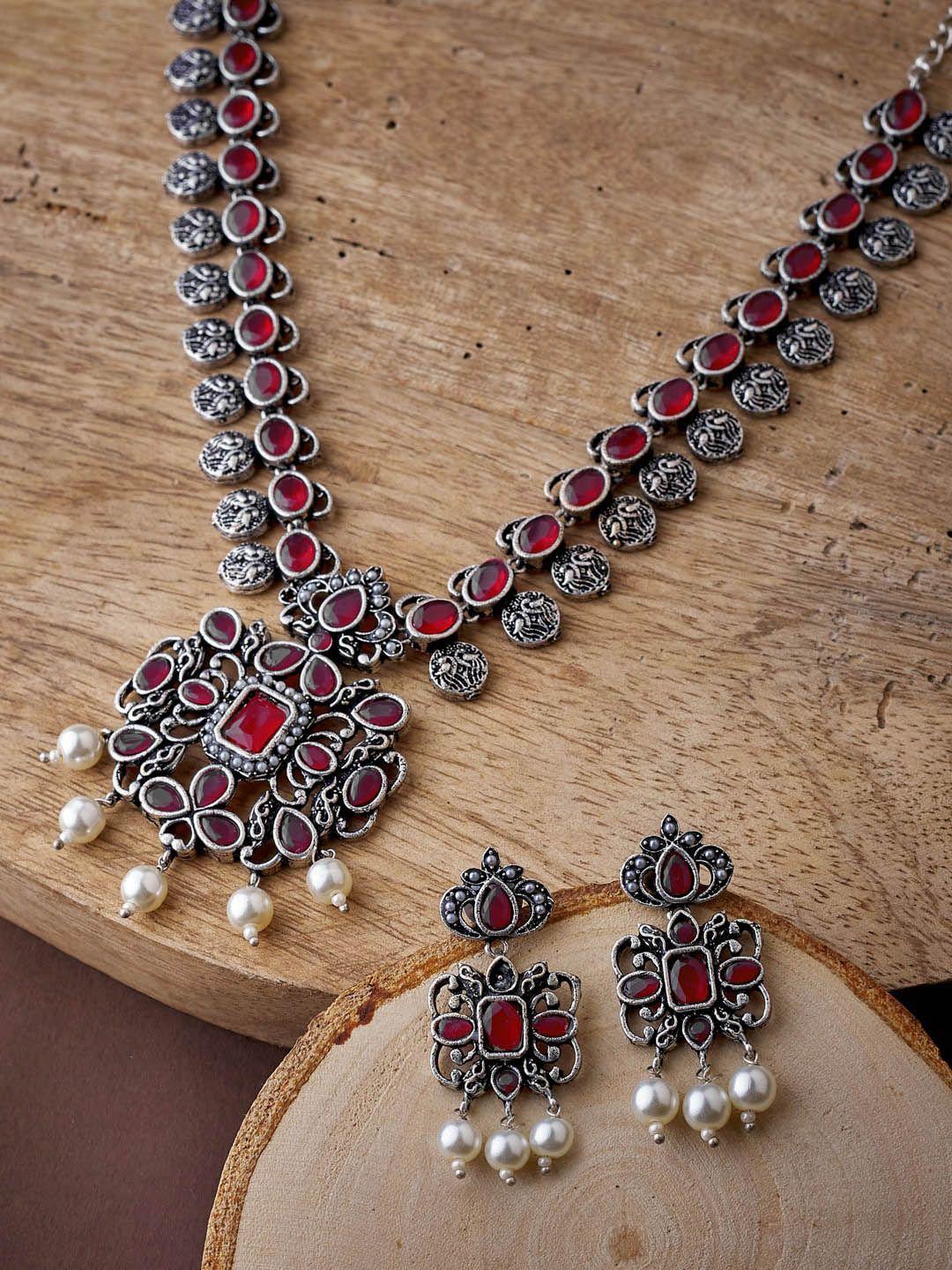 atibelle oxidised silver-plated maroon & white stone-studded & pearl beaded jewellery set