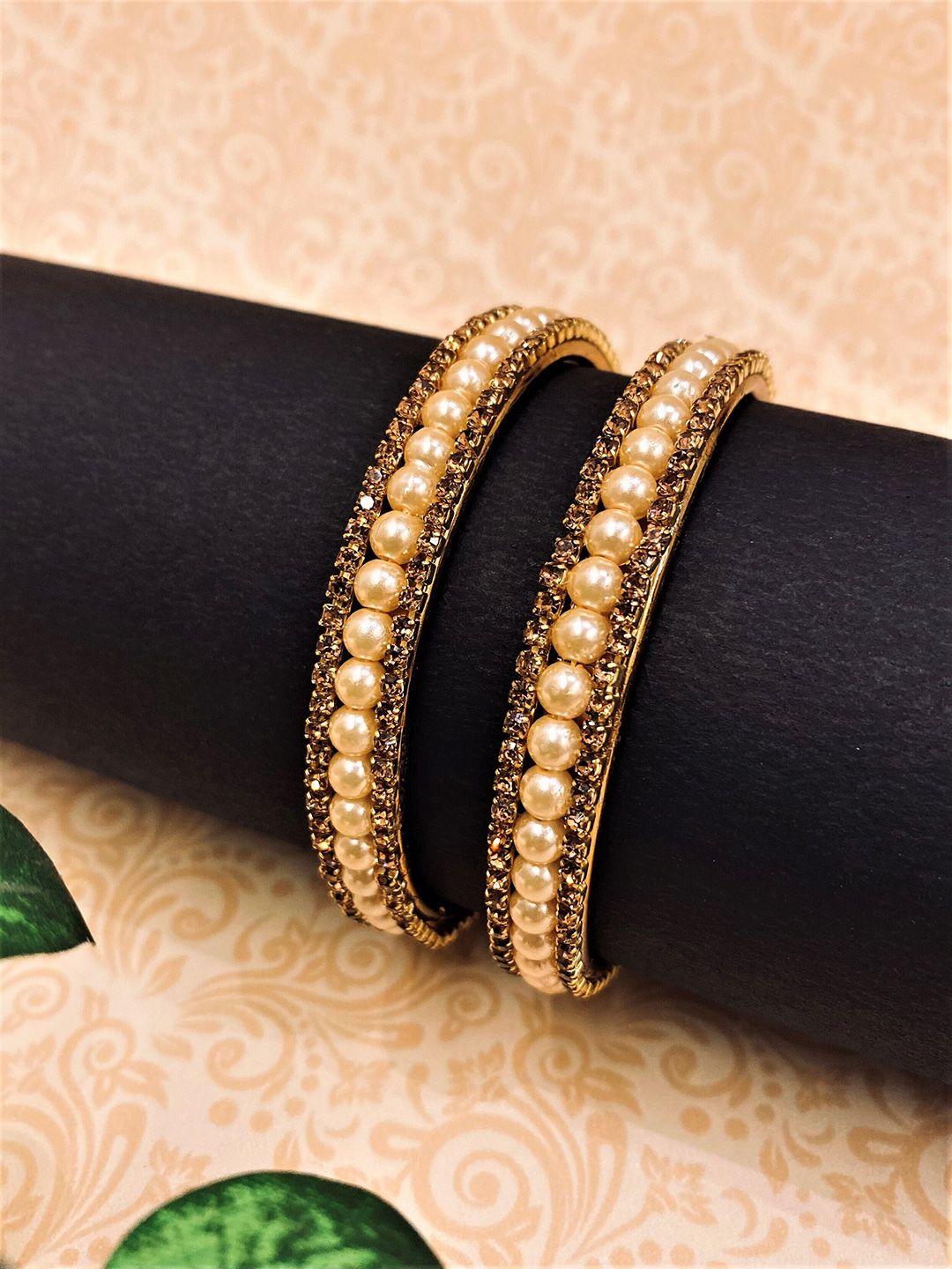 atibelle set of 2 copper-plated stone-studded & pearl beaded bangles
