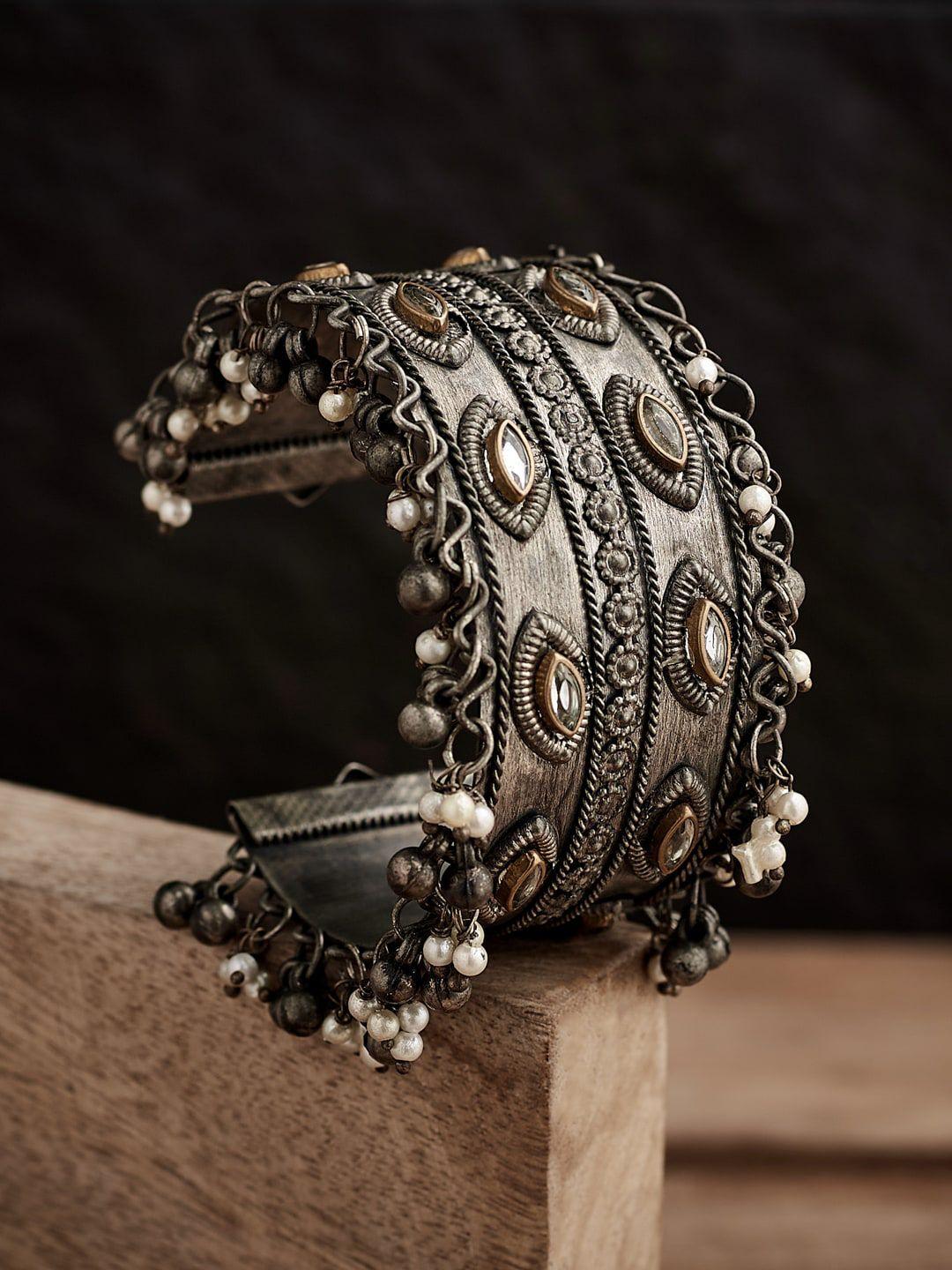 atibelle silver-plated ghunghroo and beads-studded oxidised bangle