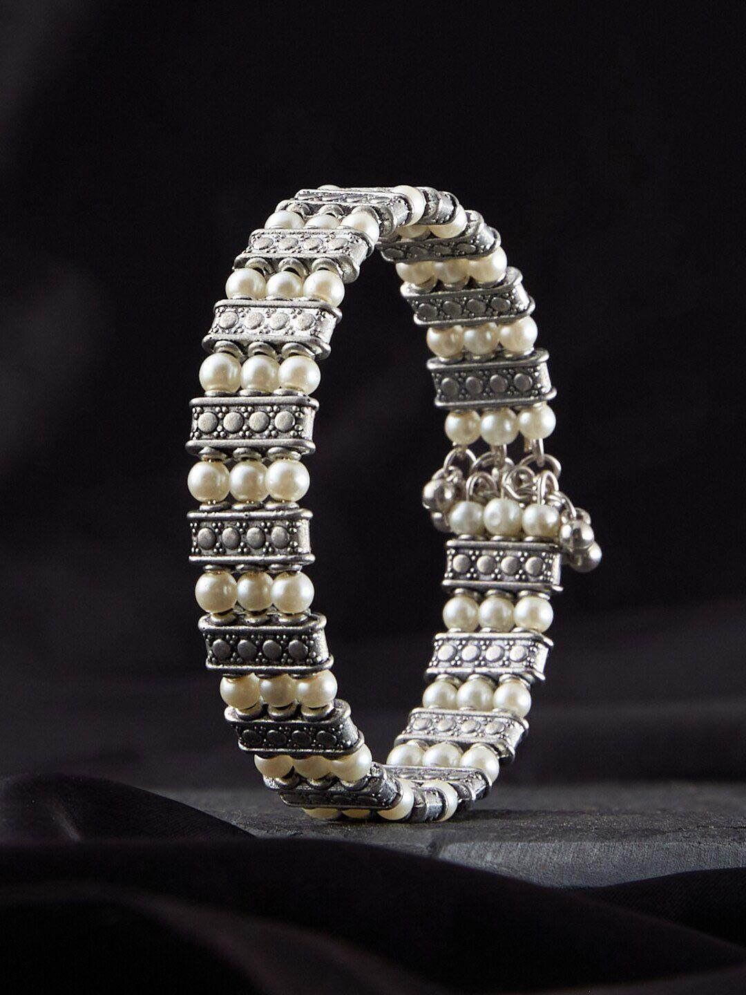 atibelle silver-plated pearl beaded adjustable bangle-style bracelet