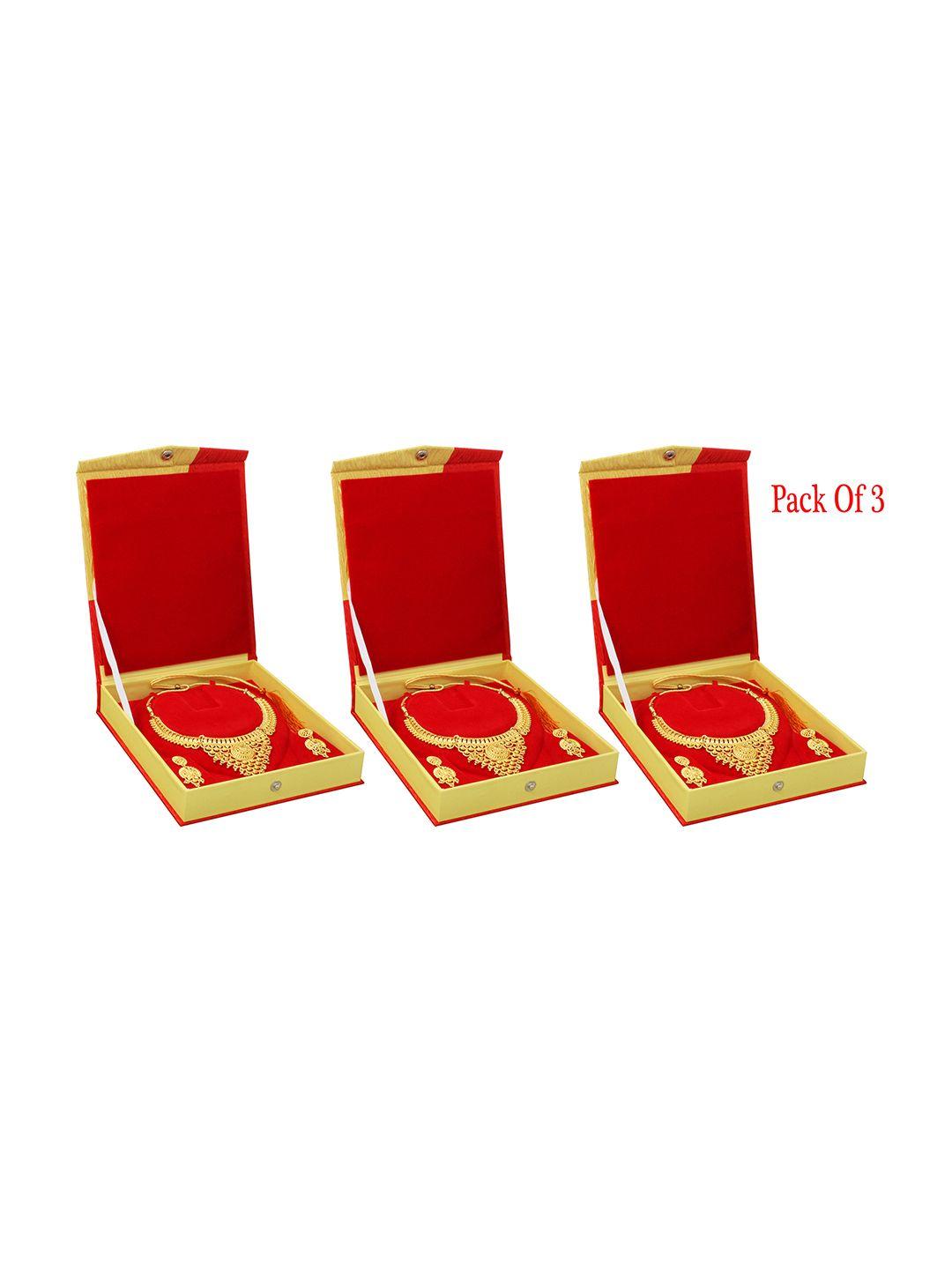 atorakushon set of 3 gold-coloured & red solid necklace jewellery storage box