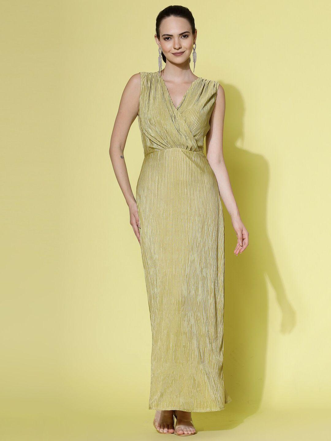 atraenta self design v-neck gathered detailed satin maxi dress