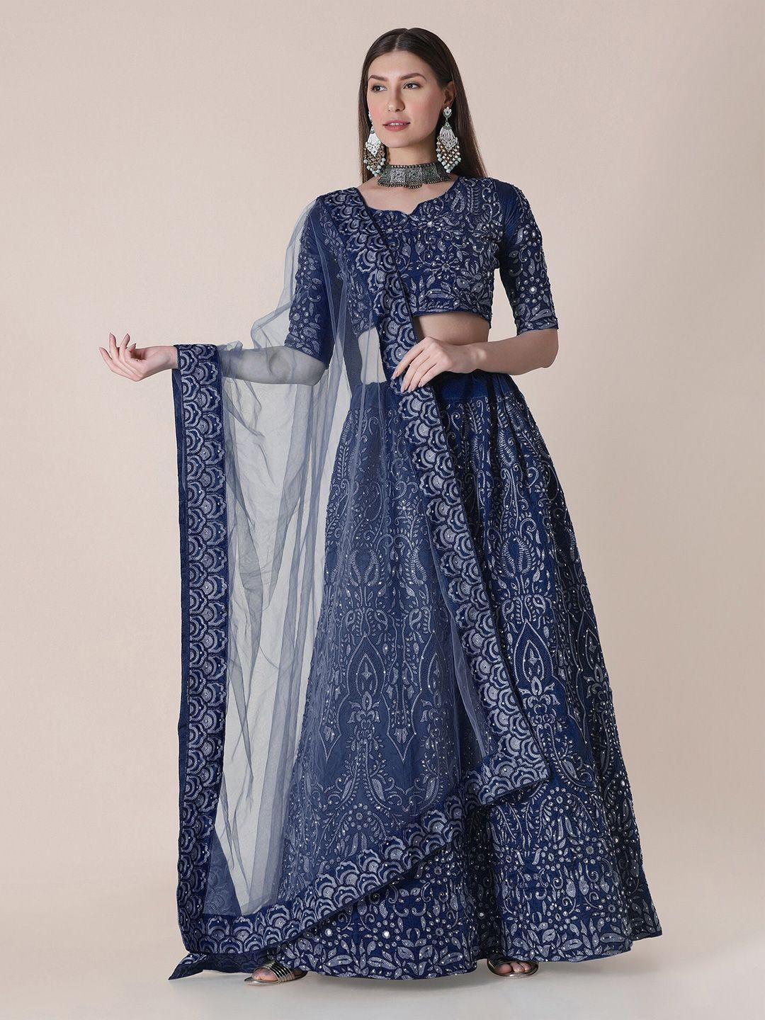 atsevam blue & grey embroidered thread work semi-stitched lehenga & unstitched blouse with dupatta