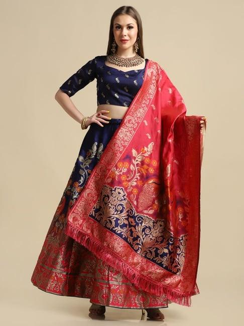 atsevam blue woven pattern semi-stitched lehenga choli set with dupatta