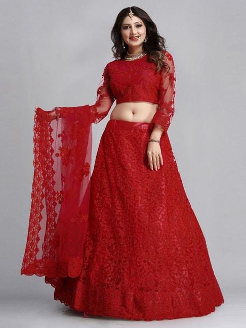 atsevam red embroidered semi-stitched lehenga choli set with dupatta