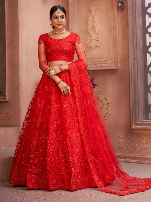 atsevam red embroidered semi-stitched lehenga choli set with dupatta