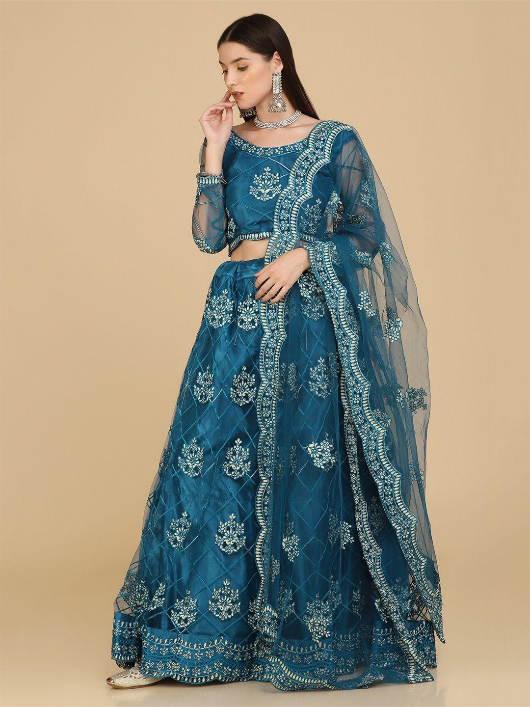 atsevam women turquoise blue embroidered semi-stitched lehenga choli with  dupatta
