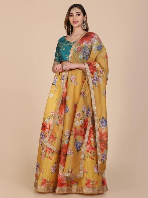 atsevam yellow & blue printed semi-stitched lehenga choli set with dupatta