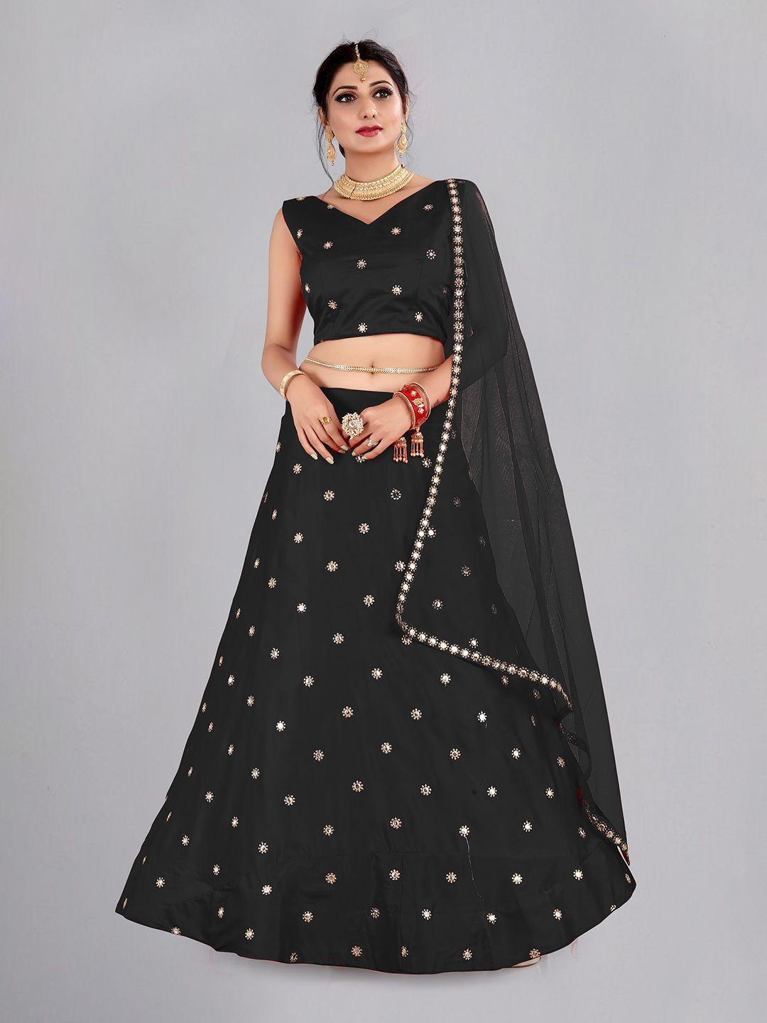 atsevam black & gold-toned embellished mirror work semi-stitched lehenga & unstitched blouse with dupatta