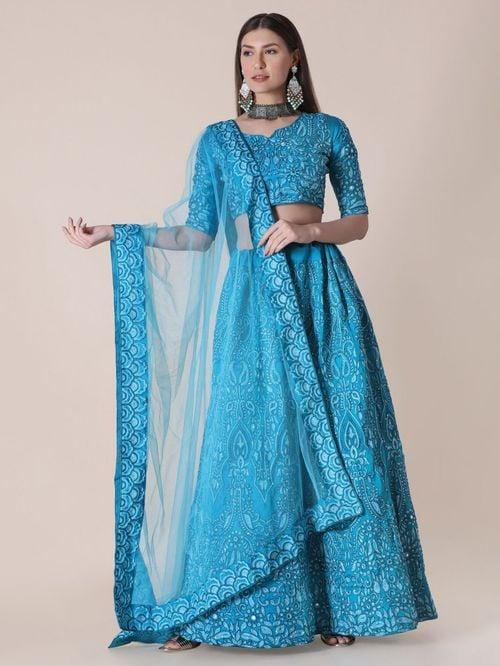 atsevam blue embroidered semi-stitched lehenga choli set with dupatta