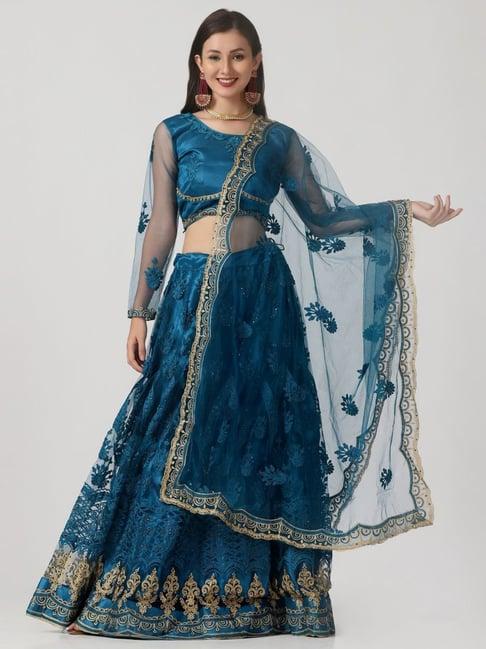 atsevam blue embroidered semi-stitched lehenga choli set with dupatta