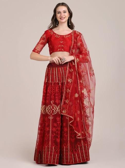 atsevam maroon embroidered semi-stitched lehenga choli set with dupatta