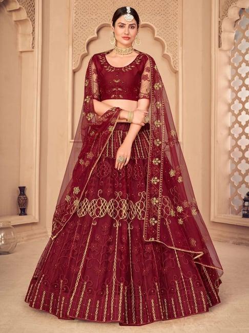 atsevam maroon embroidered semi-stitched lehenga choli set with dupatta