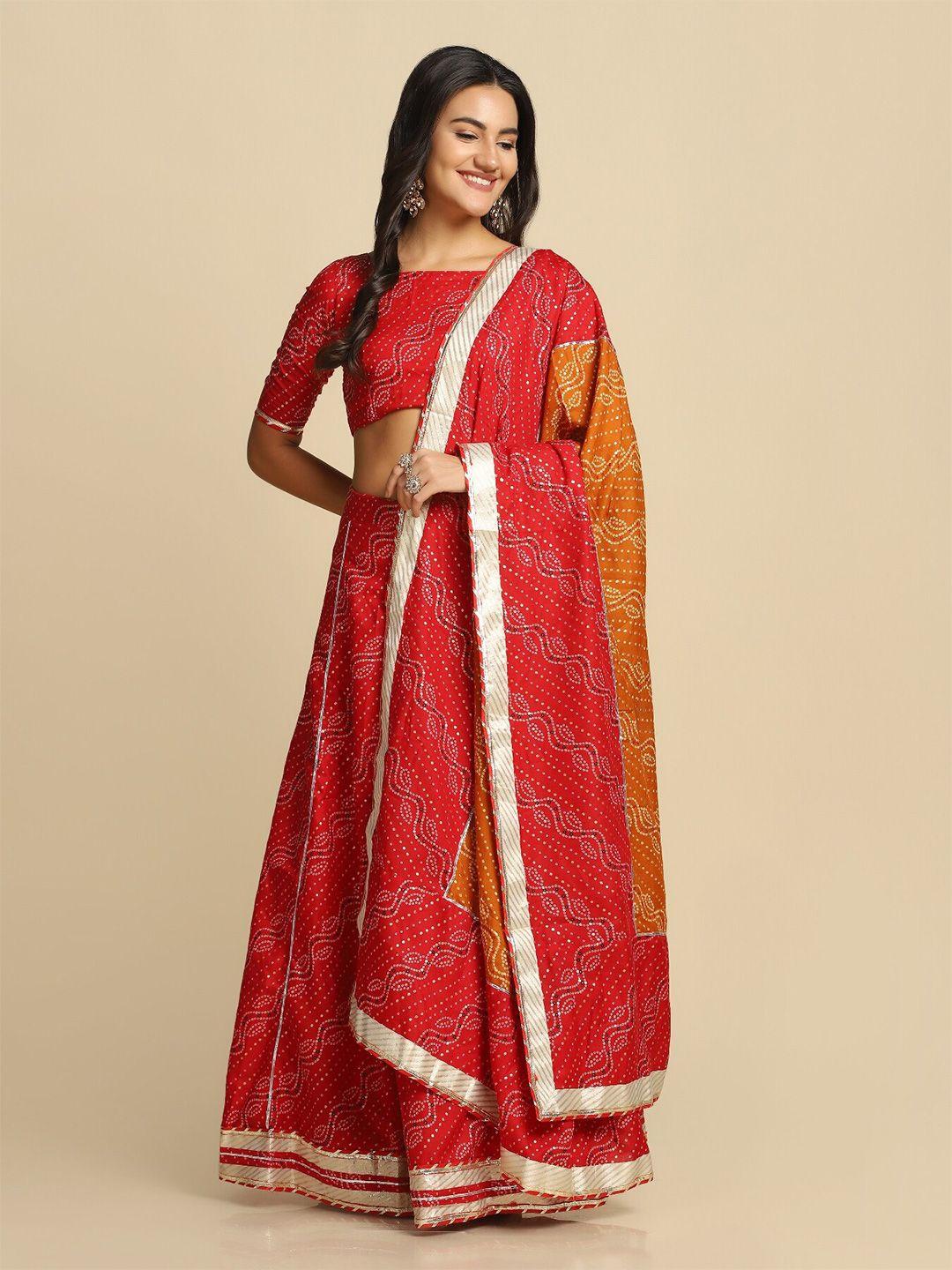 atsevam red & gold printed  semi-stitched lehenga & unstitched blouse with dupatta