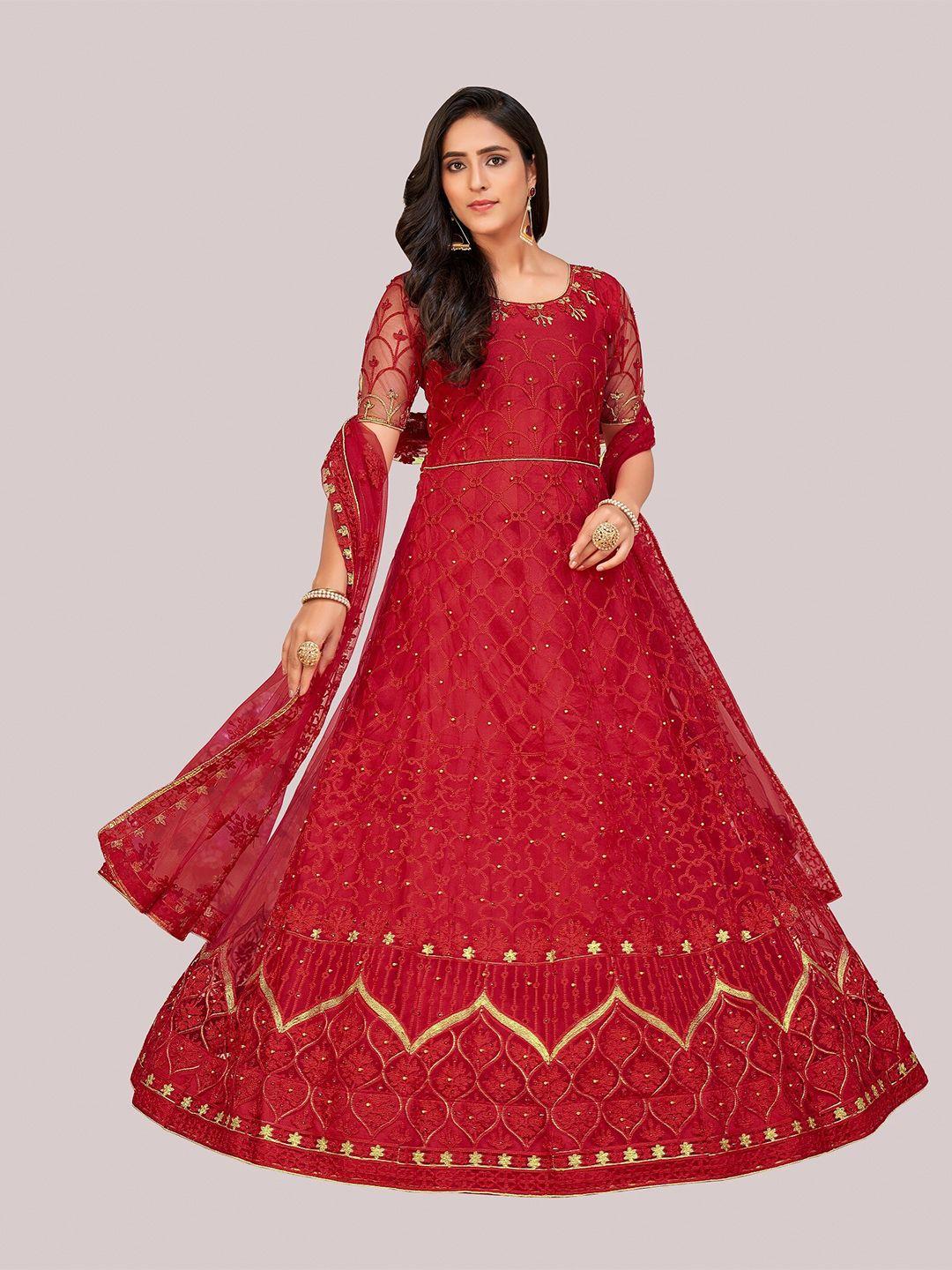 atsevam red & golden embroidered semi-stitched dress material