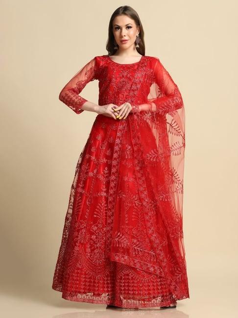 atsevam red embroidered semi-stitched lehenga choli set with dupatta