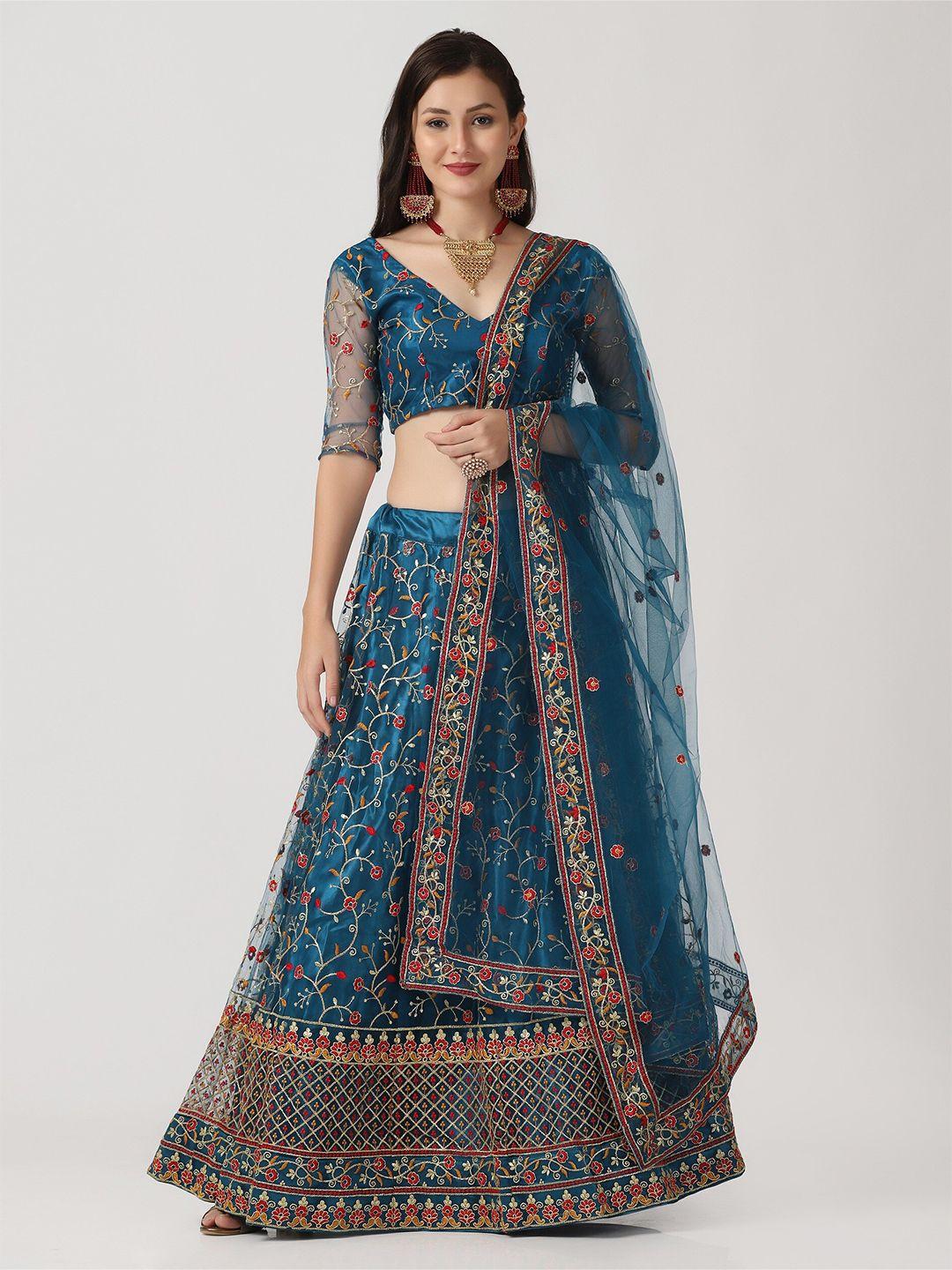 atsevam turquoise blue & pink embroidered  semi-stitched lehenga & unstitched blouse