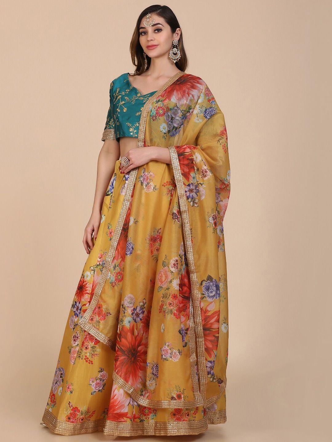 atsevam women yellow floral print art silk lehenga choli
