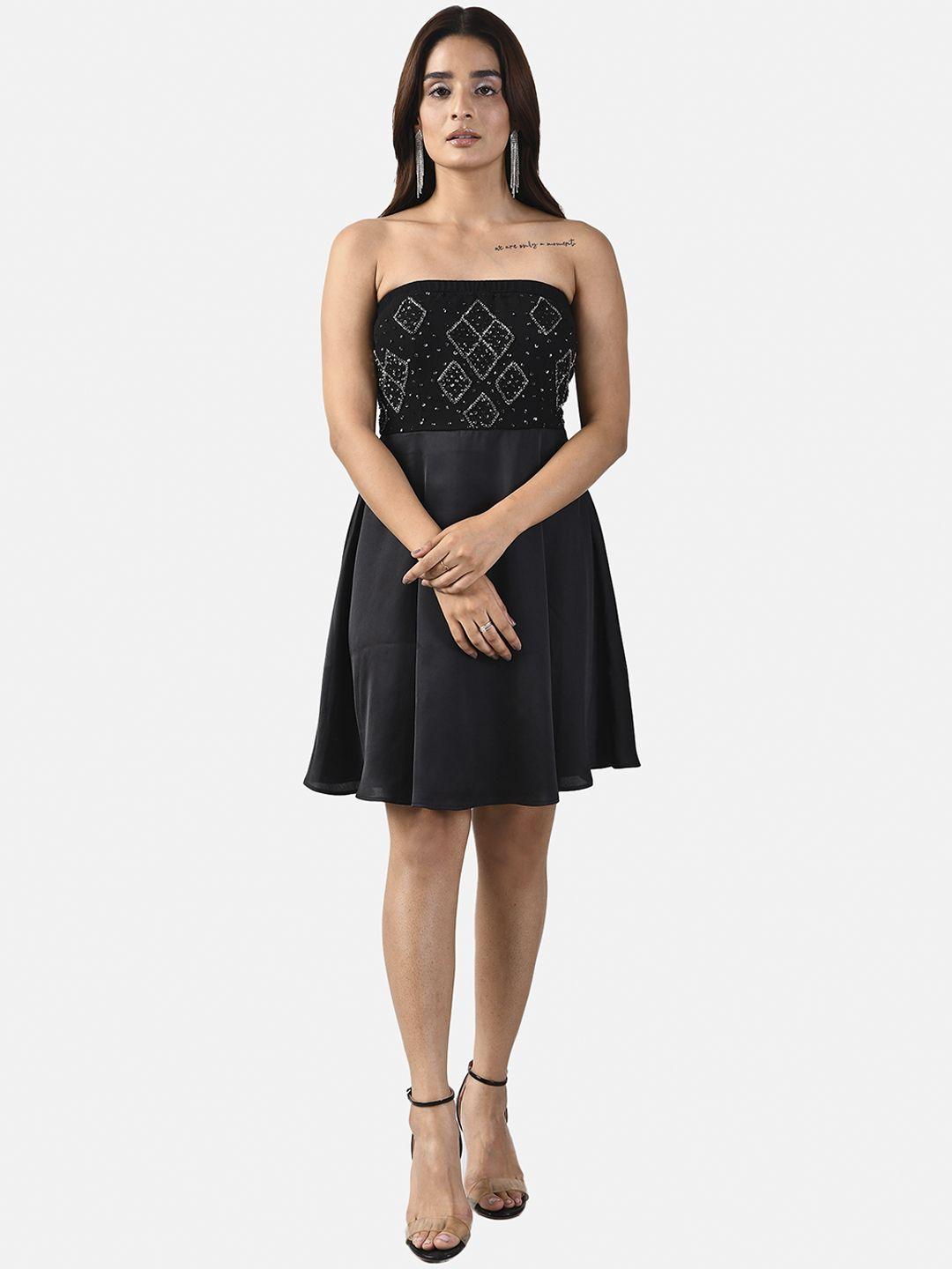 attic salt black embellished off-shoulder georgette dress