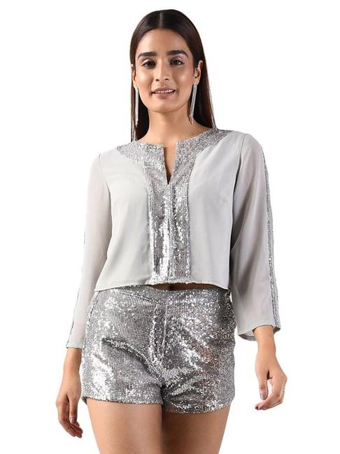 attic salt grey embellished a-line top